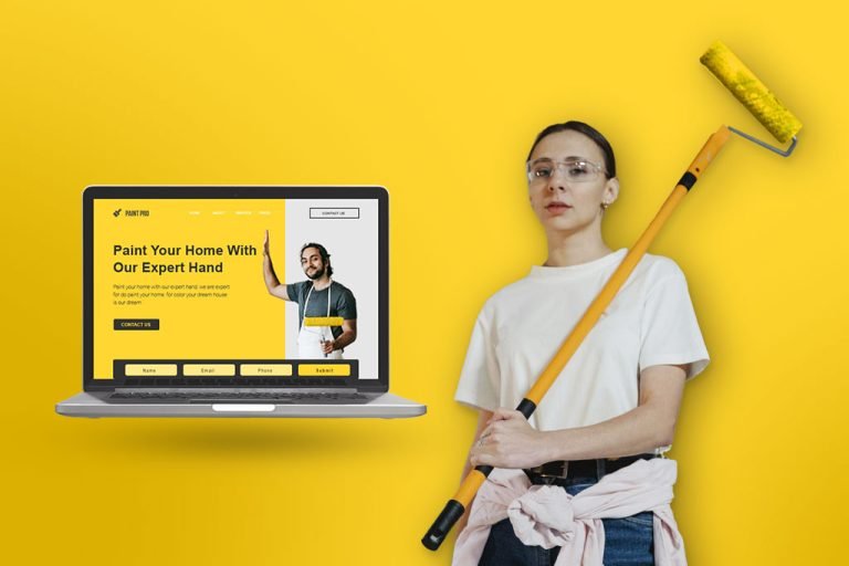 A house painter standing with a rolling brush is represented in a laptop painting company web design